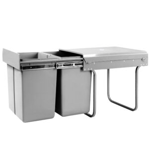 Dual side pull-out rubbish waste basket with two grey 20L compartments, mounted on metal sliding runners for under-bench installation.